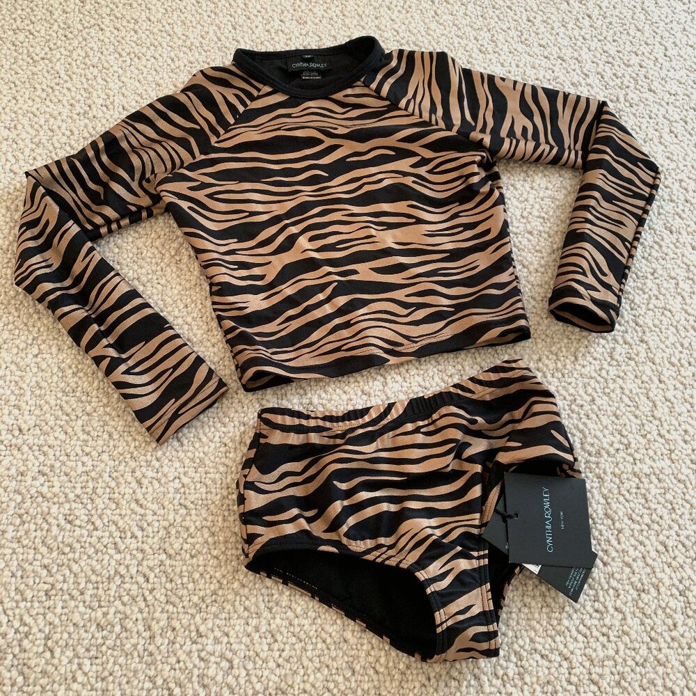Cynthia Rowley Zebra Bronze Metallic Rash Guard Two Piece Swim Suit XS